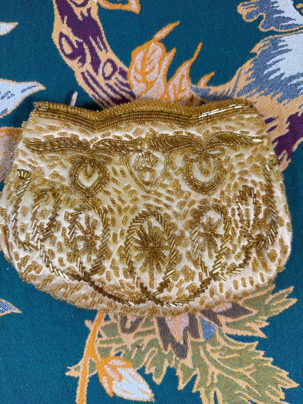 Vintage Gold Beaded Evening Clutch Bag Scalloped Metallic Wedding Cocktail MCM